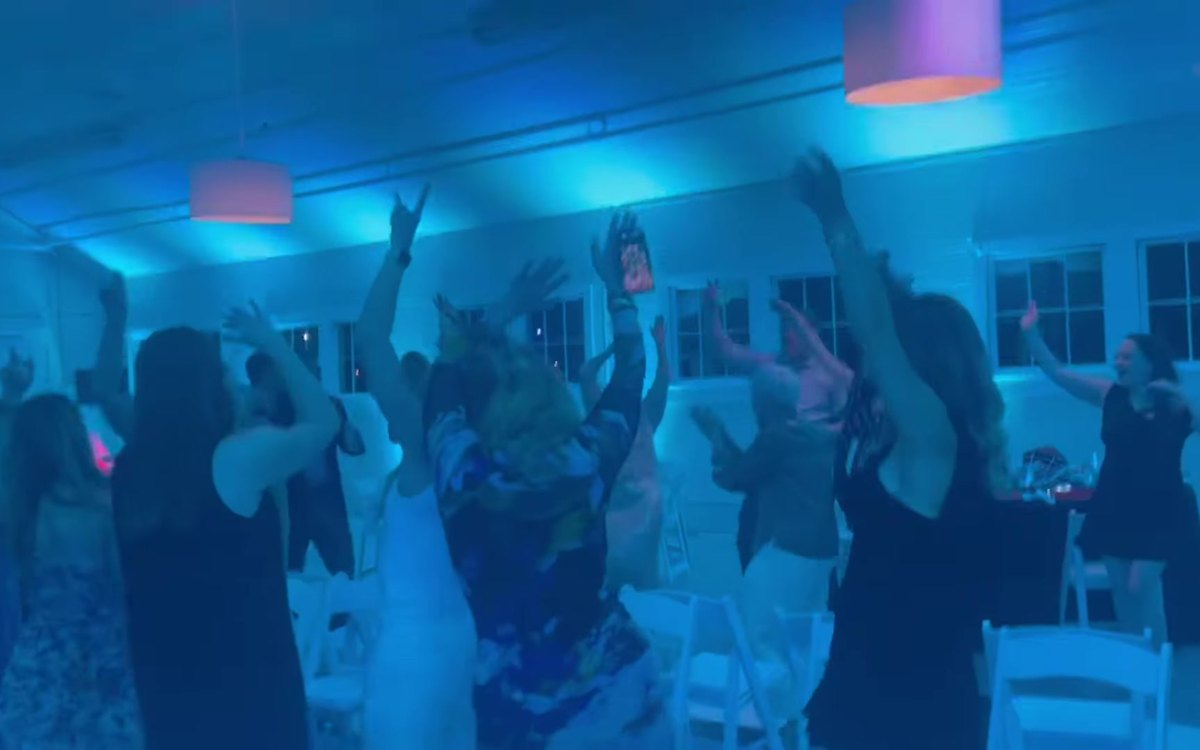 Blue ATG uplighting over the dance floor at Luke's Bar Mitzvah at the Dairy Barn