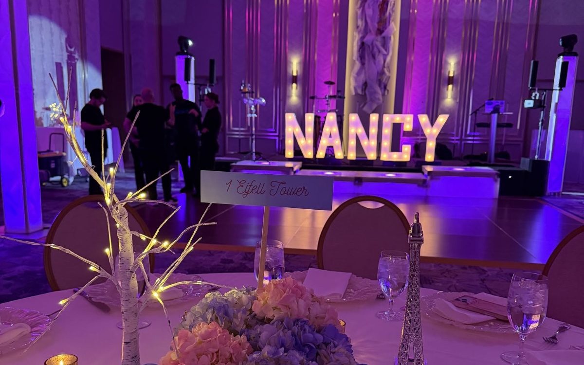 NANCY marquee letters on ATG's glowing LED dance boxes at Carmel Country Club