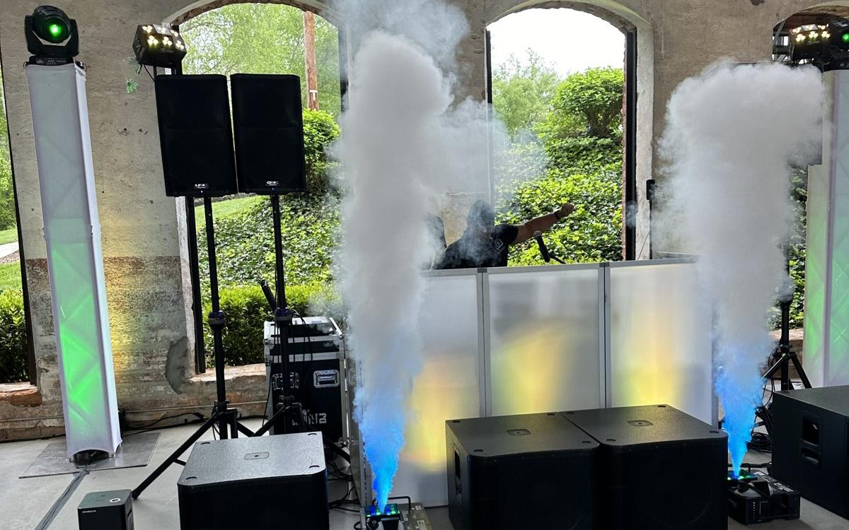 CO2 cryo, LED totems and the ATG DJ stage at East Lincoln prom, Providence Cotton Mill
