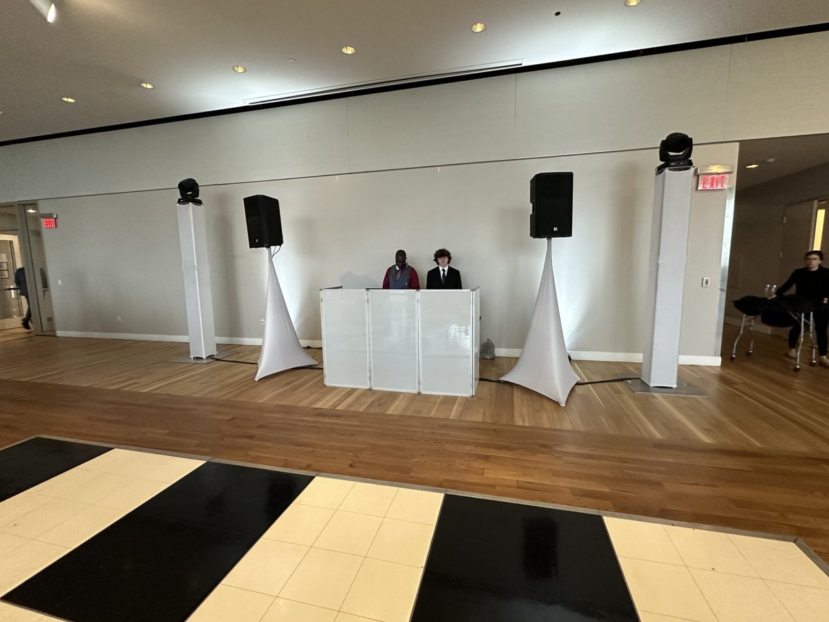 ATG DJ setup with LED totems for a wedding at the Mint Museum Uptown