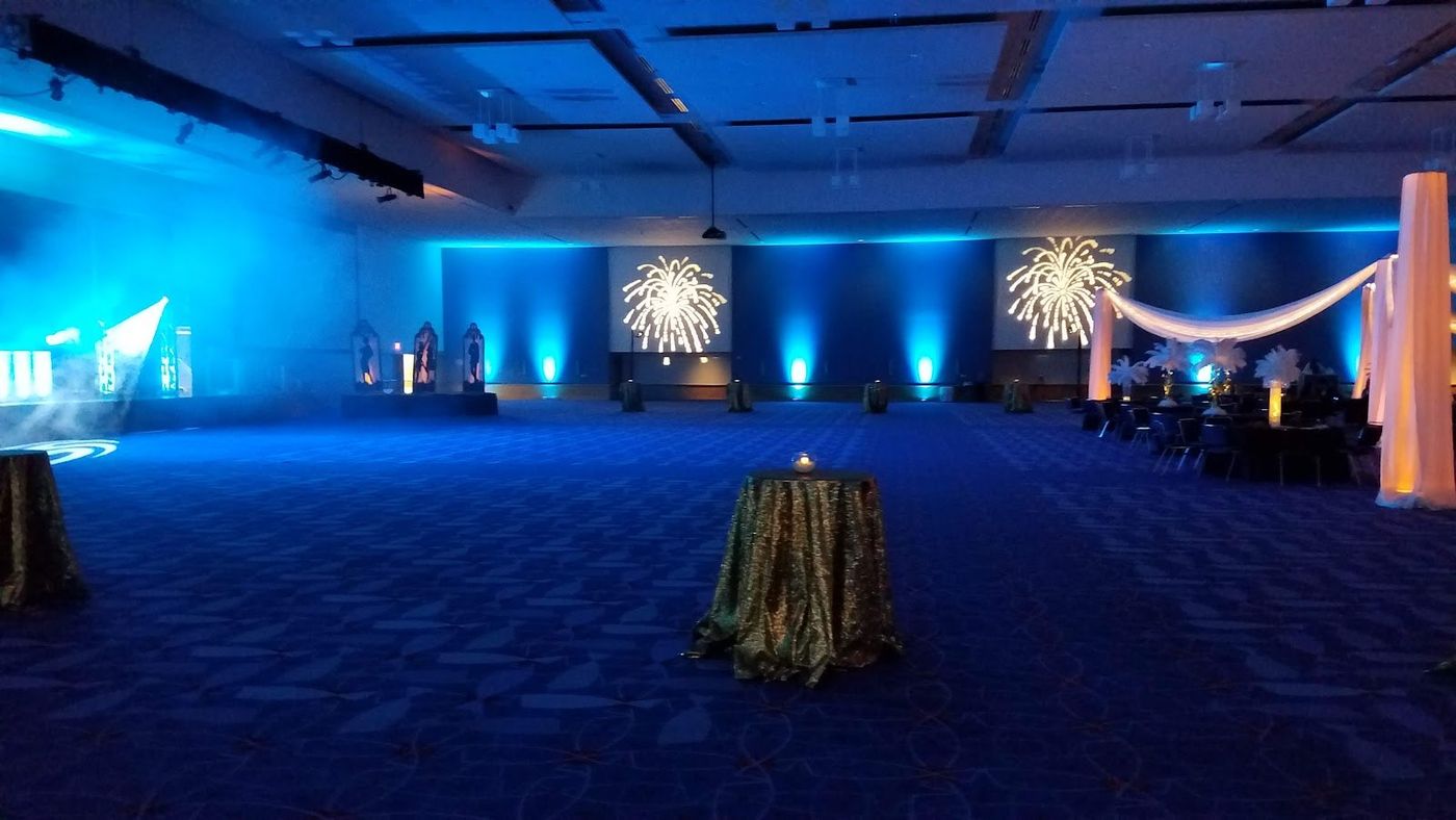 Charlotte Convention Center ballroom with blue uplighting set for an event
