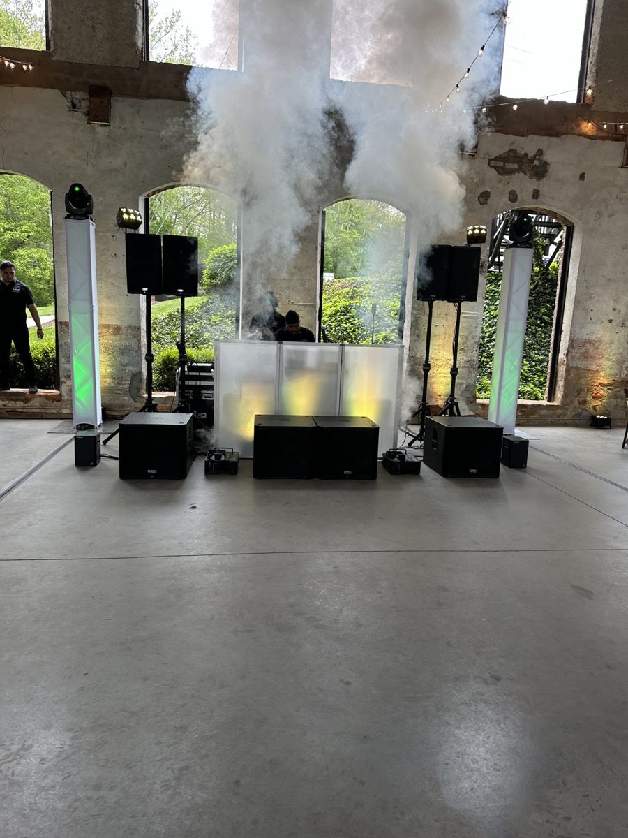 East Lincoln High School prom: ATG stage, LED totems and CO2 cryo under the mill's arched windows