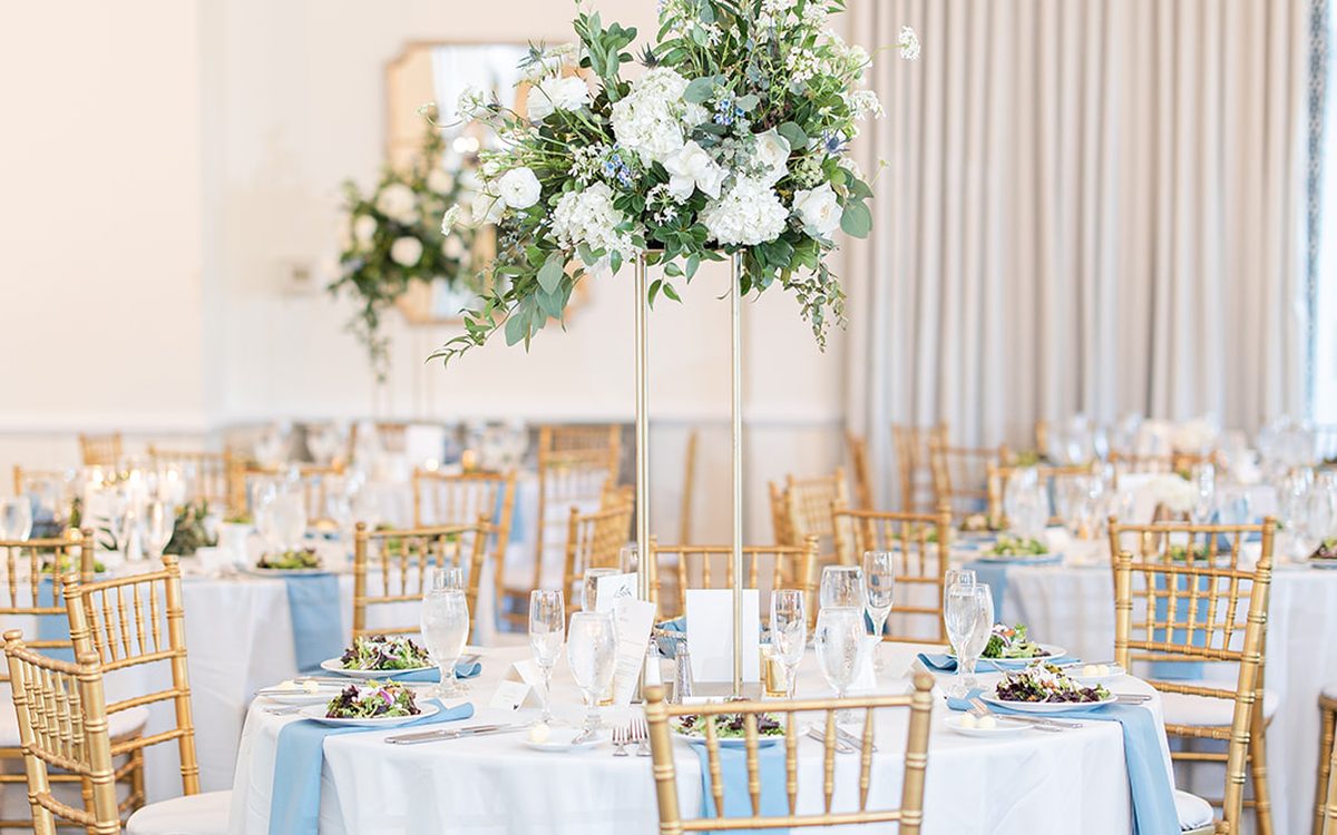 The Carolina Ballroom at Providence Country Club set for a wedding reception