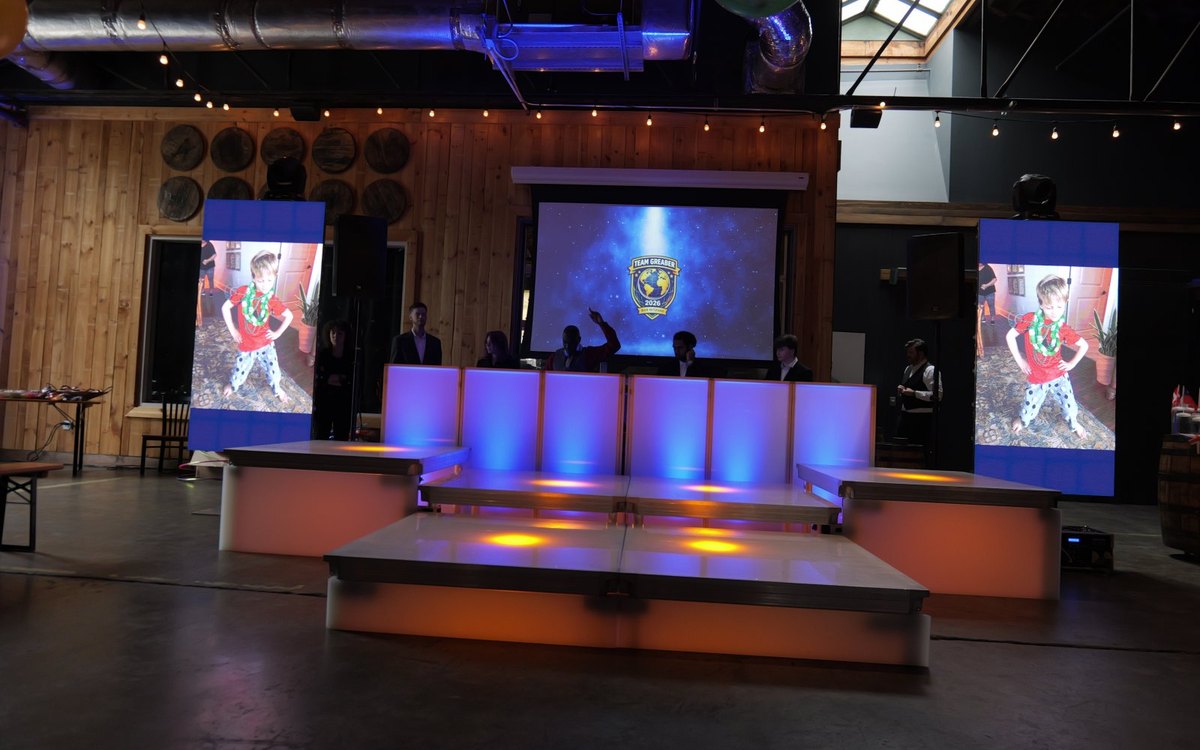 ATG LED dance boxes, DJ facade, screen and two TVs set for a Bar Mitzvah at Lenny Boy Brewing